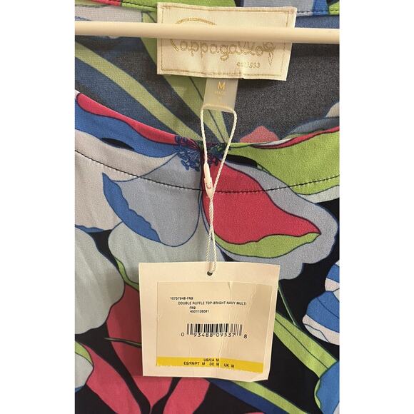 NWT Cappagallo Double Ruffle Bright navy multicolor Top Size Medium Floral Shirt - Picture 3 of 5